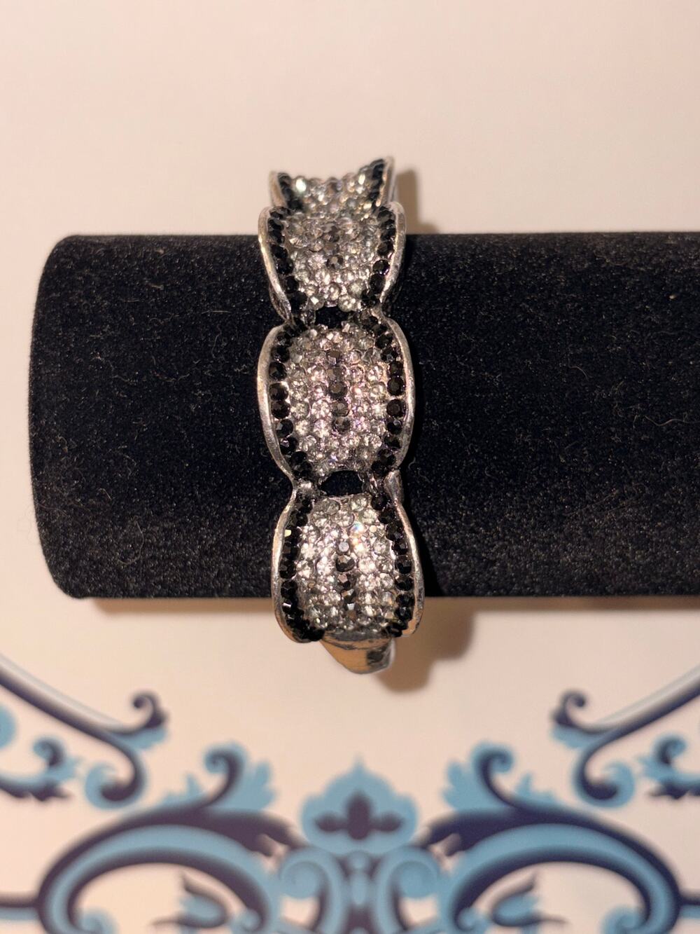 Silver & Jet Black Rhinestone Scalloped Panel Bracelet Pave Crystal Cuff